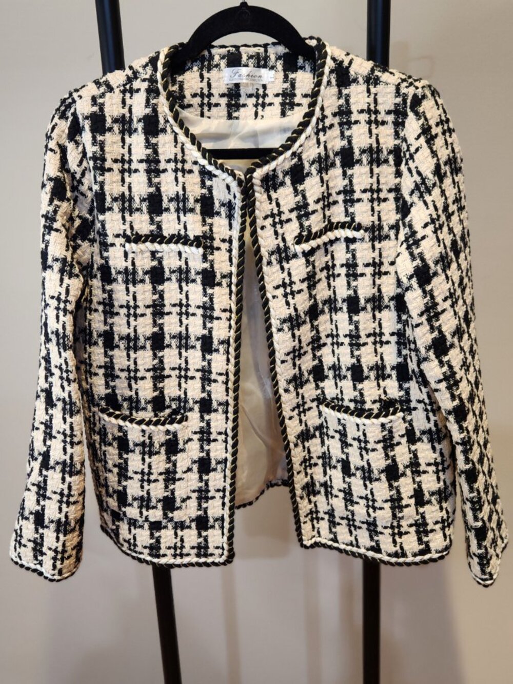 Tweed Houndstooth Collarless Open-Front Jacket L Braided Trim